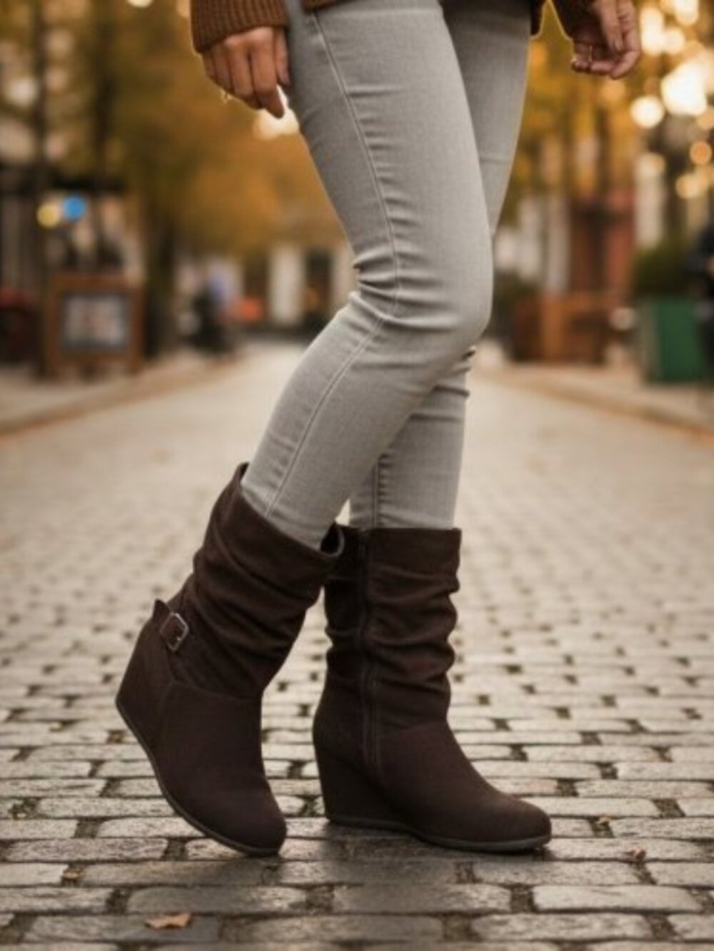 CUSHION WALK Brown Suede Slouch Wedge Short Boots Ladies Size 9